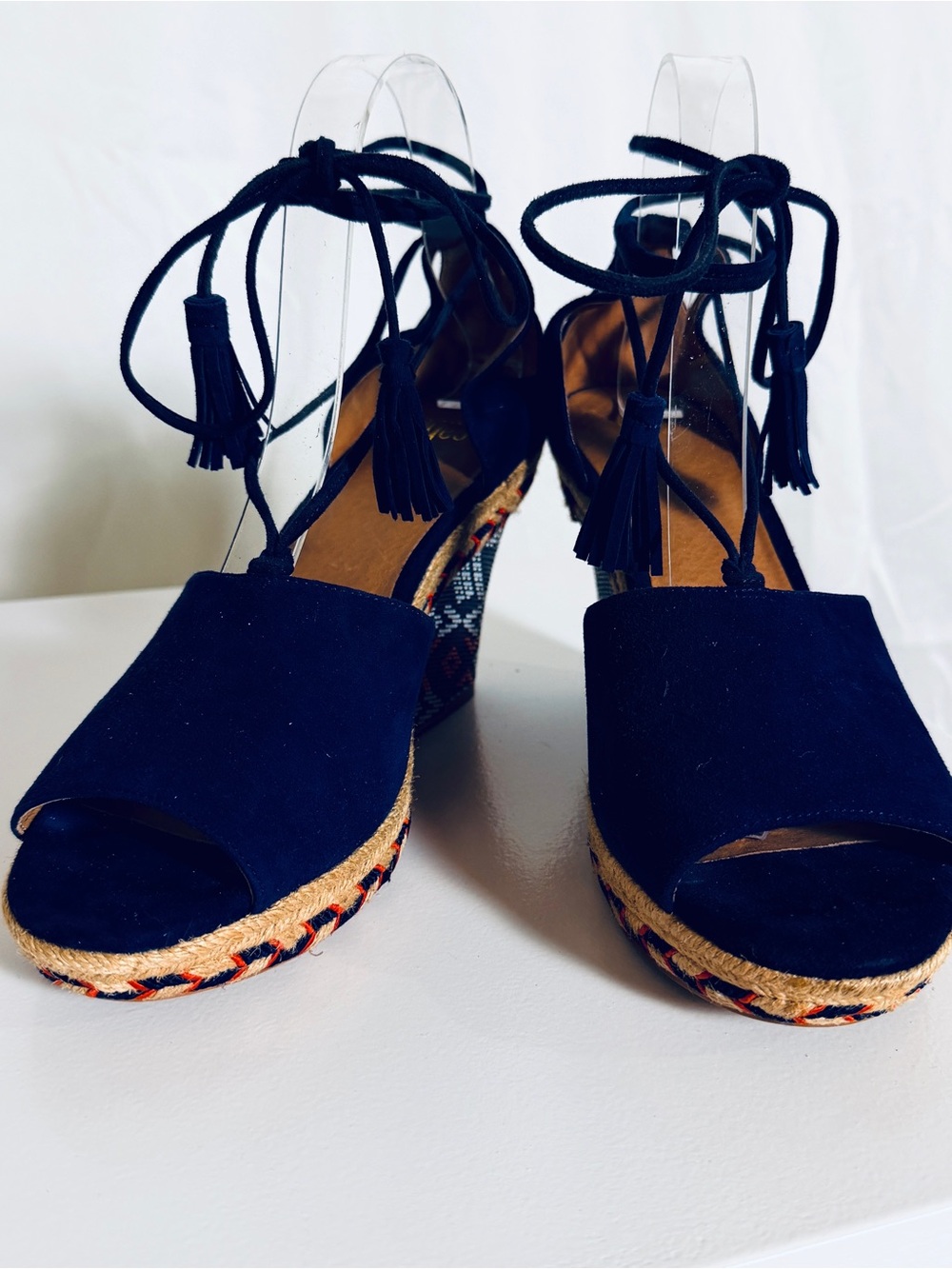 Cabi Women's Navy Suede Espadrille Wedge Sandals with Tassel Ankle Tie boho Sz 9